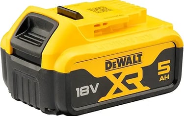 Yellow and black DeWalt 18V XR 5Ah lithium-ion rechargeable battery pack for power tools.