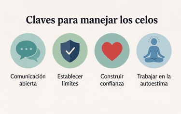  Infografía que muestra cuatro claves para gestionar los celos: comunicación, límites, confianza y a