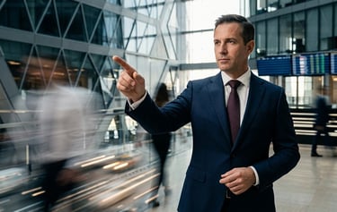 السيطرة الذهنية من خلال قائد يظل ثابتاً وواضحاً في التركيز بينما العالم من حوله يتحرك بسرعة ويتداخل Fuzzy background 