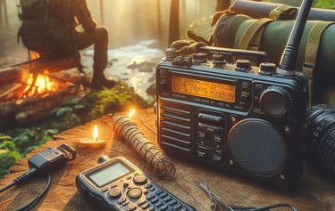 emergency radio in wilderness setting with person sitting in background