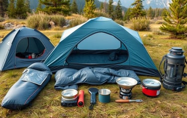 Lightweight camping gear including a compact tent, a minimalist sleeping bag, a portable stove.