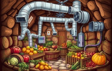  Illustration of a root cellar ventilation system, showcasing air ducts, fans, and natural air flow.