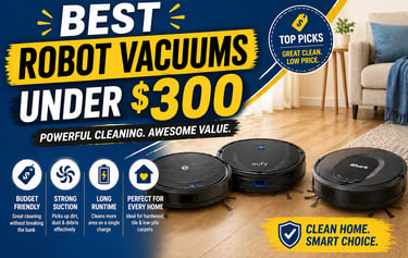 Comparison of the best robot vacuums under $300 featuring Eufy and Shark models on a hardwood floor.