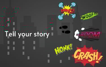 Cartoon sound effects and audio words spelt out colorfully to convey a story