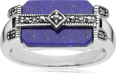 Lapis Lazuli & Marcasite Art Deco Ring in 925 Sterling Silver. Gemondo