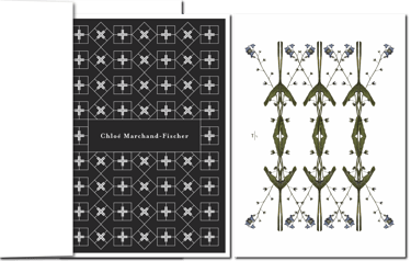 Christliches Ornament und Blumenornament auf Trauerkart, Vergissmeinnicht.