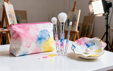 Aquarelle-themed cosmetic bag, brushes, and trinket dish in a studio.