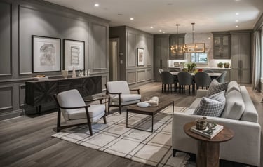 a living room with a couch and chairs