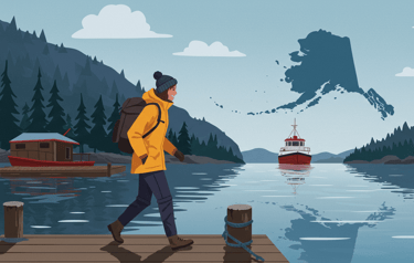 Traveler using versatile clothing for Juneau whale watching and exploring the docks