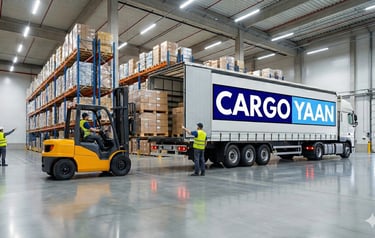 Loading commercial goods into a Cargoyaan truck for dispatch to Mumbai.