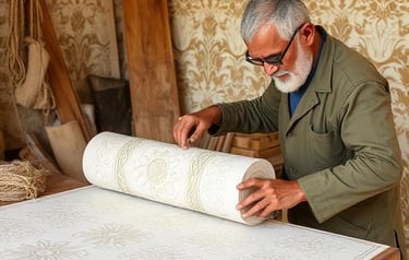 A skilled craftsman unrolling a roll of vintage damask wallpaper on a wooden workbench.