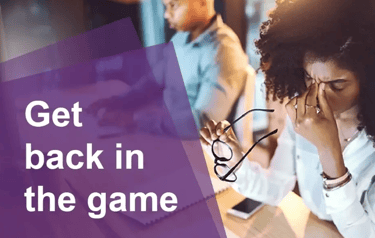 woman with migraine at work, text 'get back in the game'
