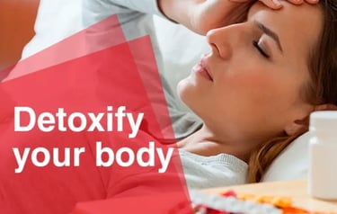 woman with headache in bed, text 'detoxify your body'