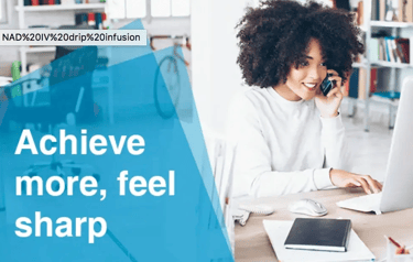 woman smiling while working on the computer, text 'achieve more, feel sharp'