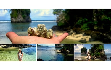 Autora visitando o Fatu-ma-Futi, com ângulo que destaca o icônico cartão-postal de Pago Pago e o mar azul ao redor.