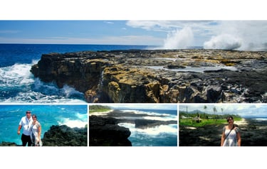 Autora e guia observando os Blowholes de Alofaga, com o mar agitado e a força da natureza ao fundo em Pago Pago.