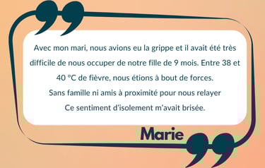 Maman épuisée pendant une grippe familiale, exprimant l’isolement et le besoin de relais parental.