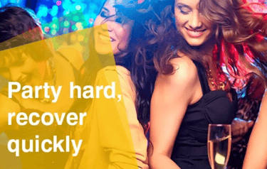 ladies dancing at a party, text 'party hard, recover quickly'