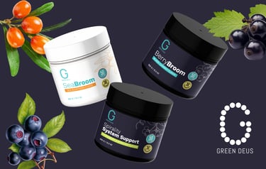 dark picture with supplement packaging Greendeus brand , berry flavor.