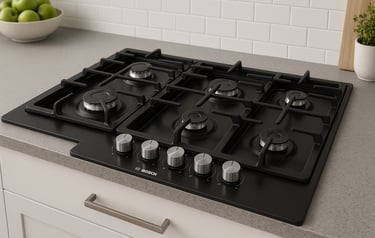 Bosch gas cooktop installed in a modern kitchen.