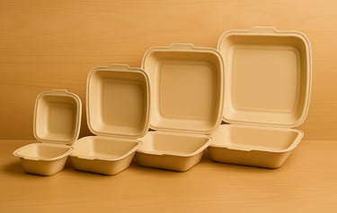 Compostable bagasse clamshell boxes and food containers for sustainable takeaway packaging.