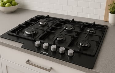 Bosch gas cooktop installed in a modern kitchen.