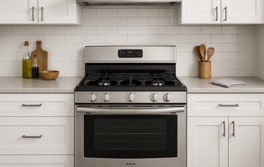 Stainless steel Admiral gas range installed in a modern kitchen with white cabinets