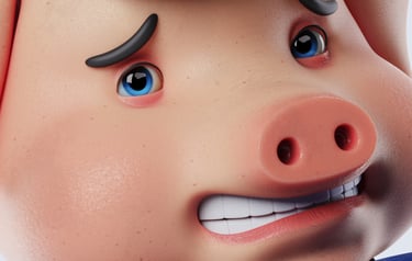 Zoom na cara do personagem cartoon 3D, porco desastrado.
