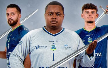 Visuel sportif 3 joueurs de handball avec des épées dans la main