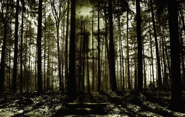 Eerie dark forest landscape with a ghostly face silhouette superimposed over tall pine trees.