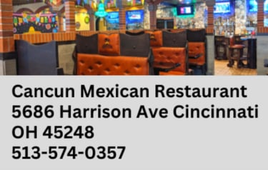 Interior of Cancun Mexican Restaurant in Cincinnati featuring tufted booths and contact information.