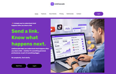LinkCascade website showing a link tracking dashboard concept for monitoring campaign and lead activ