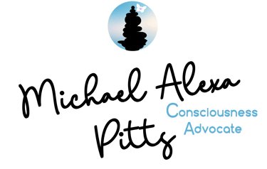 Michael Alexa Pitts Consciousness Advocate Brand Art with name, black cursive, consc adv, blue print, cairn icon with bttrfly