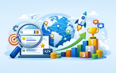 Digital marketing illustration showing SEO search engine optimization, global ranking growth, and website analytics.