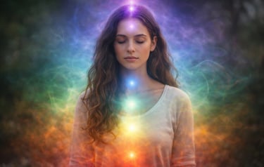 human aura energy field and chakra light around woman