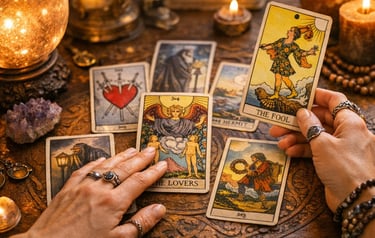 tarot reading with tarot cards spread on table during a tarot card reading