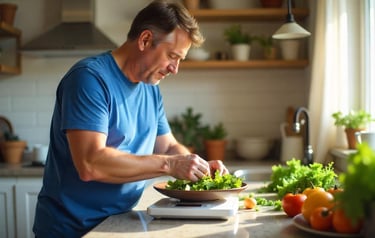 a man weighing food in the kitchen