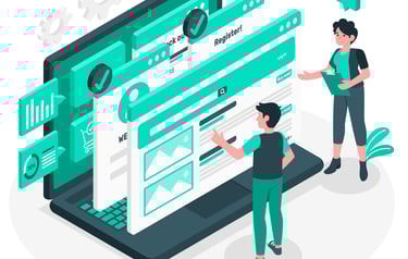 a man and woman standing in front of a laptop