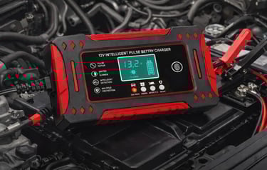 carregador de bateria 12v 6a inteligente conectado em bateria de carro com display digital ativo