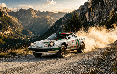 carros de rally Lancia Stratos em ação no WRC em estrada de montanha com poeira levantando