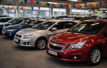 Loja de carros usados com vários veículos expostos em ambiente interno, sem pessoas, iluminação natu