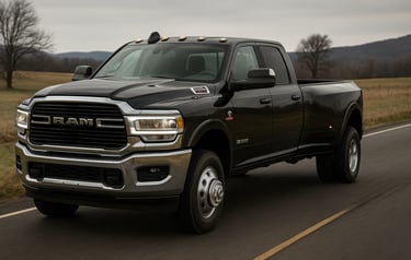 Dodge Ram 2500 branca usada em estrada de terra com destaque frontal