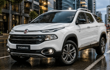 Fiat Toro Volcano 2016 branca em avenida urbana com placa Toro e rua molhada