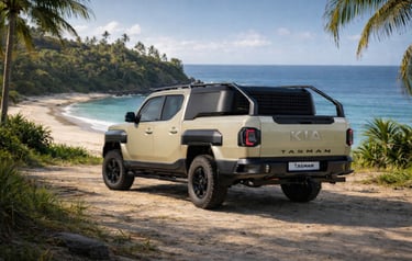 nova picape da Kia Tasman 2026 na praia com design robusto para competir com Toyota e Ford