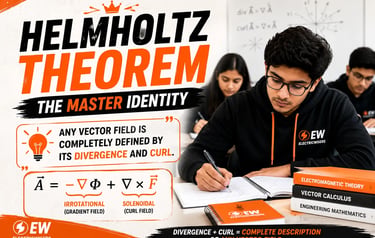 Helmholtz Theorem infographic explaining divergence, curl, solenoidal and irrotational vector fields