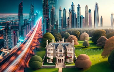 An English manor house with a sold sign, Dubai skyline in the background