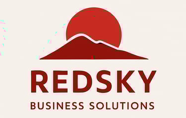 a red sky business logo with a mountain in the background