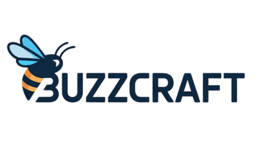 A logo of a bee with the word buzzcraft on it.