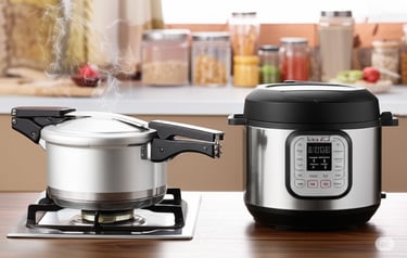 two pressure cookers in kitchen on table.