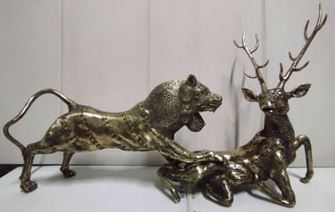 "Wildlife-themed brass artwork showing lion attacking deer-Prepared for export"